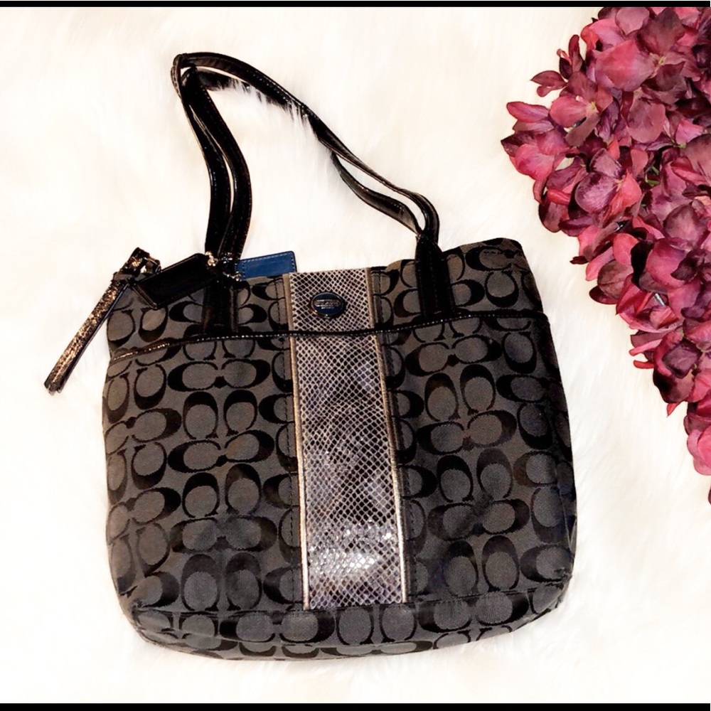 COACH Black Monogram Snake Print Tote Bag